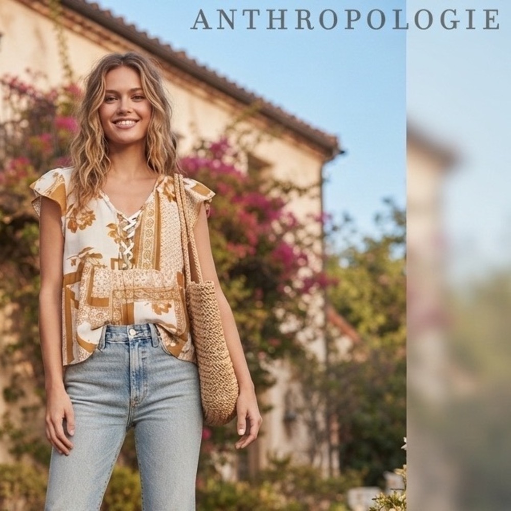 Anthropologie Chloe & Katie XS Mustard Top Boho Patchwork Floral Peplum Blouse